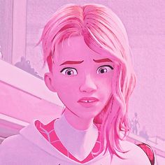 a girl with pink hair is staring at the camera