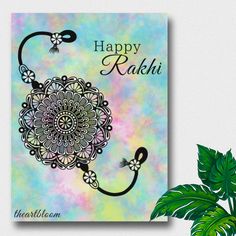 a card with the words happy radhi on it next to a potted plant