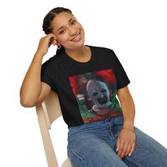 A trendy and comfortable T-Shirt featuring Art the Clown design, perfect for horror movie fans and Halloween enthusiasts. The classic fit and crew neckline make it suitable for everyday wear or themed events. Made with 100% ring-spun cotton for a lightweight and durable fabric. Product features - Unisex softstyle T-shirt made with 100% ring-spun cotton - Classic fit with crew neckline for versatile style - Ethically grown and harvested US cotton - Variety of fabric blends available for different color options - Perfect for horror movie fans and Halloween celebrations Care instructions - Do not dryclean - Machine wash: warm (max 40C or 105F) - Do not bleach - Tumble dry: low heat - Iron, steam or dry: low heat Clown Costume Halloween, Scary Clown Costume, Clown Design, Creepy Circus, Circus Shirts, Art The Clown, Scary Clown, Halloween Graphic, Scary Clowns