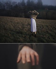 a person standing in a field with their hand on the ground and an image of a woman's head above her head