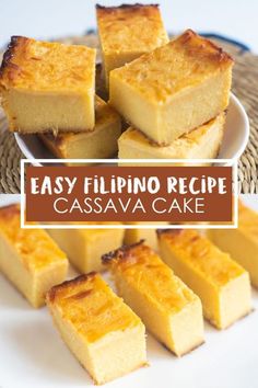 easy filipino recipe cassavaa cake on a white plate with text overlay