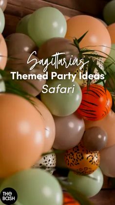 an assortment of balloons and decorations with the words safariia themed party ideas safarii