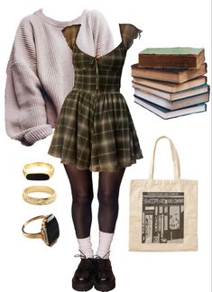 Feral Academia Aesthetic Outfit, Plaid Dress Outfit Fall, Thrifted Outfit Ideas, Dress With Tights, Smile Makeup, School Outfit Ideas, Academia Outfits, Fall School, Cottagecore Outfits