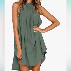 Kirundo Women’s Sleeveless Boho Halter Neck Dress, Size Small 4-6. New With Tags. Soft And Comfortable Fabric In A Flowy Feminine Style. Olive Green Color. Halter Neckline With Hook And Loop Closure At Back. Loose Fit Pleated Sundress. Tie Belt Included. Wear With Or Without. Size Small Fits Size 4-6, Bust 46.5”, Length 38.5”. Short Beach Dresses, Loose Tank Tops, Cotton Linen Dresses, Elegante Casual, Women Halter, Beach Casual, Straight Dress, Dresses By Length, Short Mini Dress