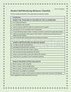 the student self - monitoring behavior checklist is shown in green and black, with instructions for