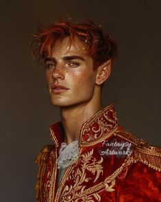 a young man with red hair wearing a red and gold jacket, looking at the camera