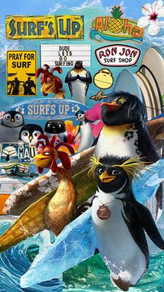 an image of penguins surfing in the ocean with surfboards and other things around them