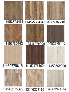 the different types of wood flooring in various colors and sizes, with numbers on each side