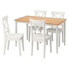 a wooden table with white chairs and a wood top dining room set on a white background