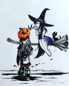 a drawing of two people dressed as witches and one is holding a jack - o'- lantern