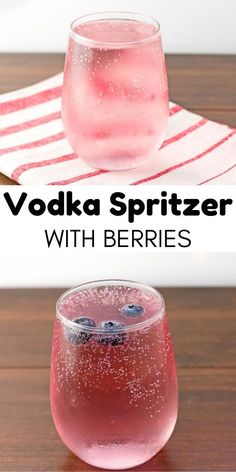 vodka spritzer with berries in a wine glass on a wooden table and red striped napkin