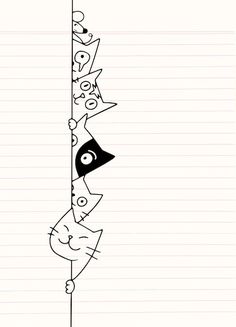 a drawing of cats climbing up the side of a pole with eyes and noses drawn on it