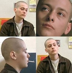 four different pictures of a man with shaved hair and piercings on his head, looking to the side