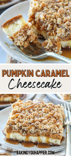 pumpkin caramel cheesecake on a plate with a fork