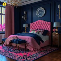 a bedroom with blue walls, pink bedding and chandelier hanging from the ceiling