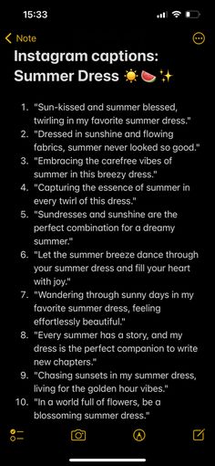 the instagramn caption for summer dress is shown in yellow and black colors