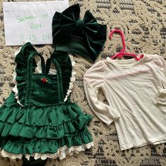 Worn Once For Christmas Last Year! Size 6-12 Mo. I Also Have A Women’s M Green Velvet Dress That Matched It Great. Green Velvet Dress, Christmas Dress, Green Velvet, Dress Romper, Velvet Dress, Matching Sets, White Shirt, Colorful Shirts, Roses