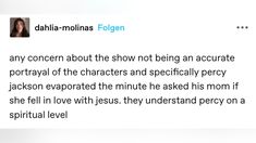 a tweet from dahlia molnas follgen about the show being an accurate portrait of the characters and specifically perce