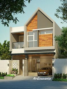 this is an artist's rendering of a two story house with wood accents on the front and sides