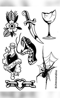 black and white drawing of various tattoos