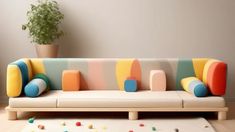 a multicolored couch sitting on top of a wooden floor next to a potted plant