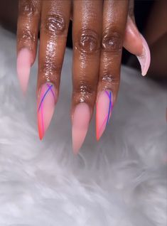 Ombre Different Color Nails, Line Work Nail Designs, Purple Design Nails Acrylic, Curved Almond Shaped Nails, Pointy Summer Nails, Vibrant Nails Almond, Sassy Nails Almond, Med Almond Nails Designs, Matte Almond Nails Design