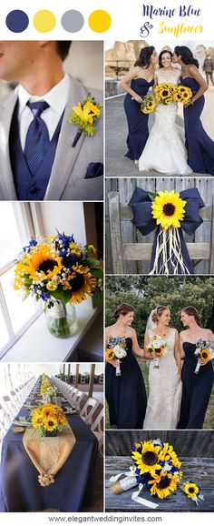 a collage of photos with sunflowers and other flowers in them, including the bride and groom