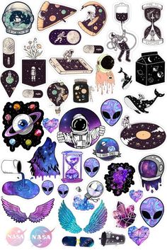 an assortment of alien stickers on a white background with space and stars in the sky