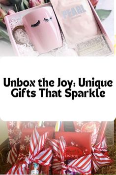 the gift box is filled with pink and red gifts that sparkle in it's eyes