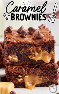 chocolate caramel brownies stacked on top of each other