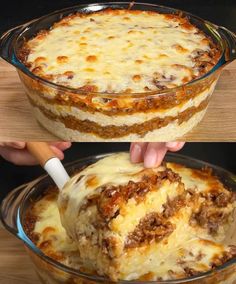 two pictures showing how to make an enchilada casserole with meat and cheese