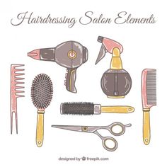 an image of hairdressing salon elements on a white background with scissors and combs