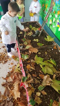 a young boy standing in front of a pile of leaves next to a green wall