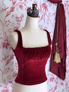 Red Tops Aesthetic, Red Clothing Aesthetic, Napkin Top, Red Corset Top, Milkmaid Top, Velvet Clothes, Soft Red, Medieval Fashion, Velvet Top