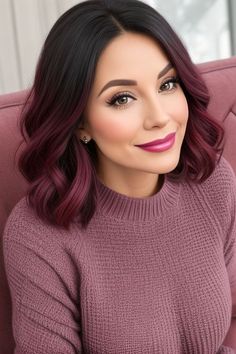 Colors To Add To Brown Hair, Dark Copper Balayage Brunette Bob, Cute Hair Colors For Blue Eyes, Long Bob Hairstyles Burgundy, Copper Purple Balayage, Chocolate Purple Hair Color, Burgundy Hair Color Short, Short Dark Fall Hair, Burgundy Balayage Brunettes