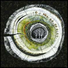 an artistic painting with trees in the center