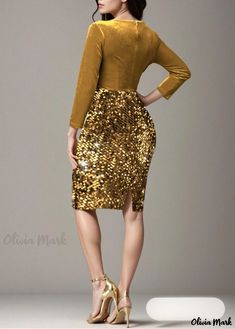 Olivia Mark - Ling Long Sleeve Sparkling Sequin Belted Package Dress, Midi Formal Dress Gold Long Sleeve Dress For Winter, Gold Long Sleeve Winter Dress, Gold Knee-length Mini Dress For Party Season, Gold Long Sleeve Bodycon Dress, Gold Midi-length Holiday Dress, Knee-length Bodycon Dress For Holiday Party, Gold Fitted Midi Dress For Holiday, Fitted Gold Midi Dress For Holiday, Gold Long Sleeve Midi Dress For Cocktail