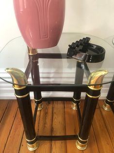 Vintage Gold Tone Faux Tusk & Black Laquer Glass Top Side Tables 1980s - Etsy