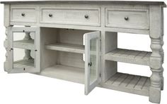 a white wooden sideboard with drawers and shelves