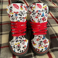 Disney Custom Mickey Mouse Vans Size Men 6 Women 7.5 High Tops Used Once, In Perfect Condition! Mickey Mouse Vans, Vans High, Van Color, Vans White, High Top Vans, Mens Vans, Vans Shoes, Mens Shoes Sneakers, Cute Shoes