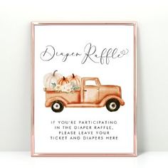 an orange truck with pumpkins in the back and lettering on it that says, digger coffee if you're participating in the diaper raffle