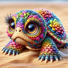 a colorful turtle sitting on top of a sandy beach next to the ocean with large eyes