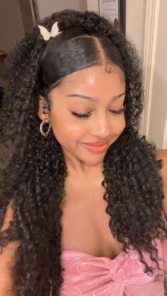 Natural Curl Ponytail, Easy 3b Hairstyles, Half Up Half Down With Gems, Cute Curly Hairstyles Down, Simply Curly Hairstyles, Curly Hairstyles With Crown, Church Curly Hairstyles, Cute Curly Hairstyles For Picture Day, Curly Hairstyles For Quinceanera