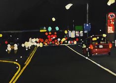 an oil painting of a car driving down the road at night with balloons in the air