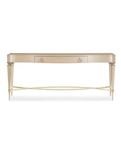 a gold console table with two drawers on one side and an open drawer at the top