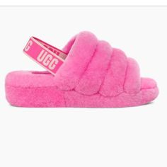 Ugg Fluff Yeah Slide Pink Rose Beautiful Pink Pink Ugg Slippers, Fluffy Sandals, Pink Rose Color, Pink Ugg Boots, Cute Uggs, Shark Shoes, Fluff Yeah Slide, Fluffy Shoes, Rose Beautiful