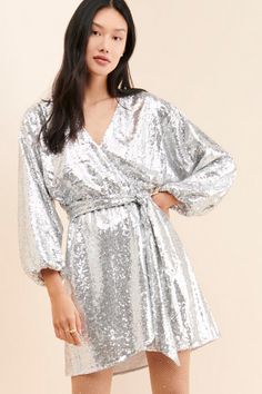 Nuuly | Dresses Sparkly Silver Dress, Sequin Wrap Dress, Sequined Mini Dress, High Neck Mini Dress, Wrap Mini Dress, Urban Dresses, Gala Dresses, Skater Style, Dress Girl