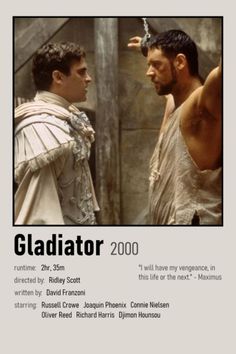 the poster for gladiator 2000 shows two men standing next to each other and one is looking at another man