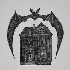 a black and white drawing of a house with bats on it's wings above the door