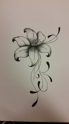 a black and white drawing of a flower with swirls on the bottom half of it